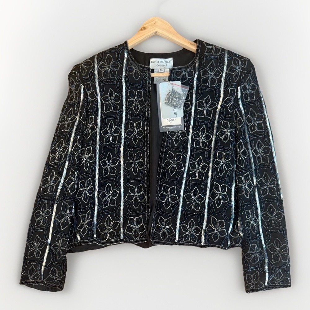 Vintage‎ Papell Boutique Beaded Silk Jacket Black PL Petite Large Classic Glam